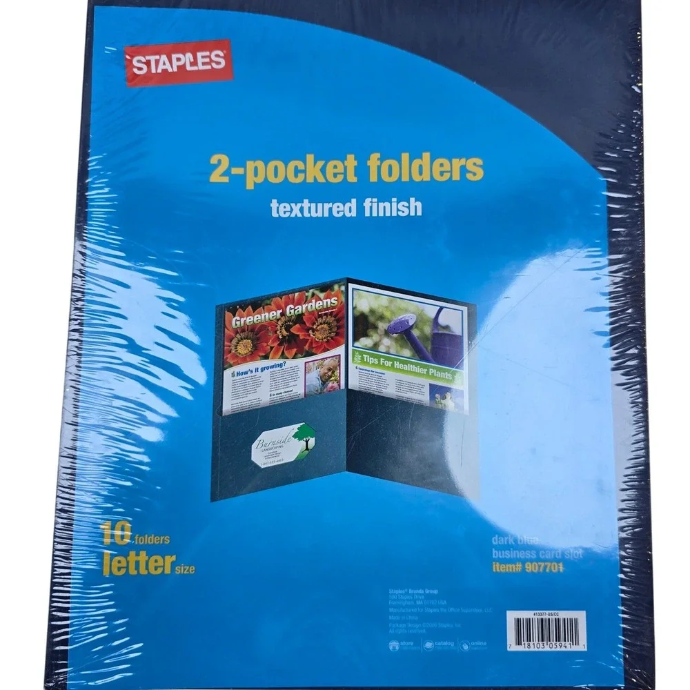 Staples Brand #907701 2-pocket‎ Folders Textured Finish Business Card Slot 11x9